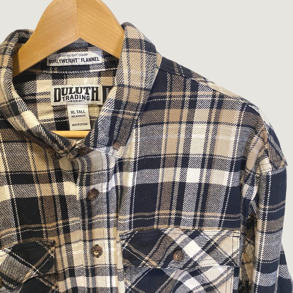 Duluth Trading Co Flannel Shirt Mens XL Tall Brown Plaid Excellent Burlyweight